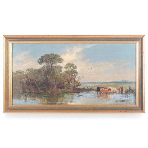 201 - A 19th century oil on canvas, Highland cattle at the river, indistinctly signed T Meyer?, framed, ov... 