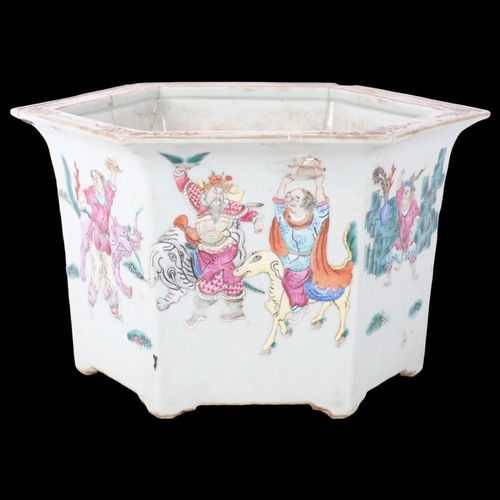 215 - A Chinese famille rose hexagonal jardiniere, with enamel figural decoration, W24cm, H16cm