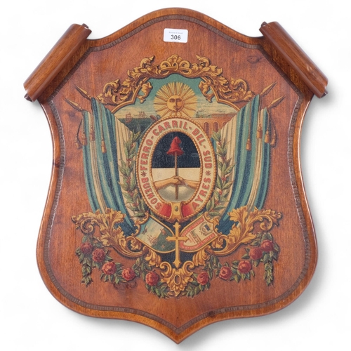 306 - BUENOS AIRES GREAT SOUTHERN RAILWAY - a Vintage wooden shield depicting the coat of arms of The Buen... 