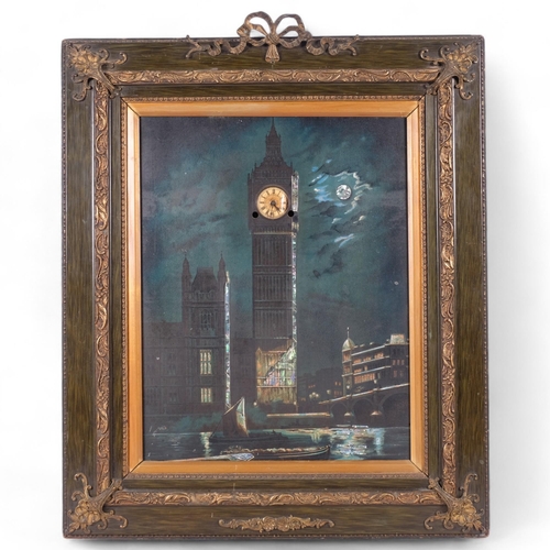 307 - An early 20th century picture clock, scene set over the River Thames, depicting a moonlit sky with s... 