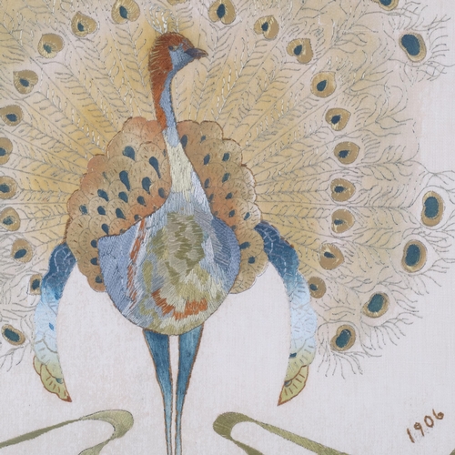 311 - A hand sewn study on silk of a male peacock displaying full plumage, dated bottom right-hand corner ... 