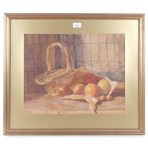 315 - A watercolour, still life study, fruit and basket on pantry floor, painted by Ms. Cousens RA, unsign... 