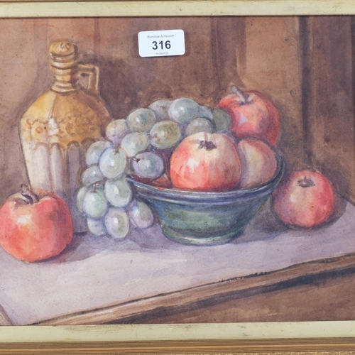 316 - A Vintage still life watercolour study, fruit bowl on table, unsigned, in ornate glazed frame, overa... 