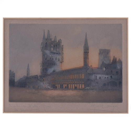 333 - Marcel Augis, a framed print depicting the bombardment of Les Halle, Ypres, on 24th November 1914, s... 