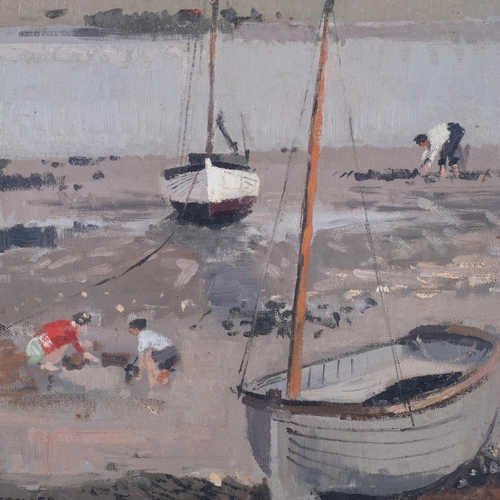 336 - John Deller, oil on board, tide out boating scene, framed, signed bottom left-hand corner, overall 4... 