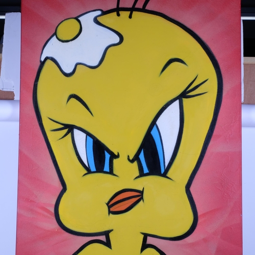 344 - David Eagles, Tunbridge Wells, a large painting on canvas of Tweety Pie, unsigned, unframed, overall... 