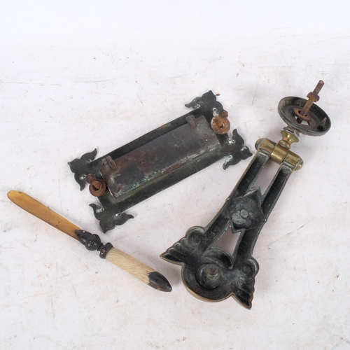 890 - Vintage cast-brass door knocker, H19cm, a letters plate, and a hoof-handled letter opener