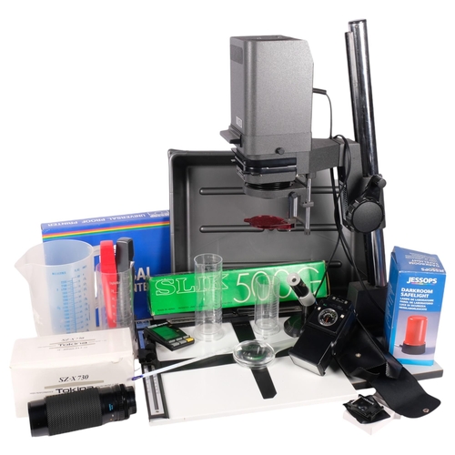 906 - A quantity of photograph darkroom equipment, including Meopta Axomat 5 enlarger, Slick 500G tripod, ... 