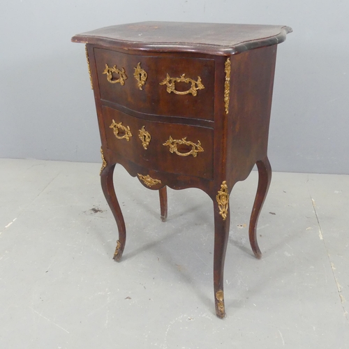 2734 - A continental style mahogany bedside chest of two drawers, with brass mounts and raised on cabriole ... 