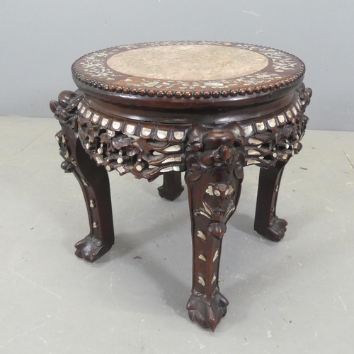 2737 - A Chinese hardwood marble topped jardinière / plant stand, with mother of pearl in lay, carved and p... 