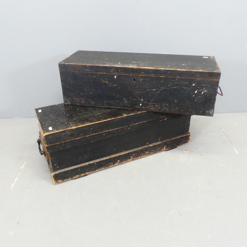 2758 - Two similar painted pine tool boxes, with tray fitted interiors. Largest W85cm, H31cm, D29cm.