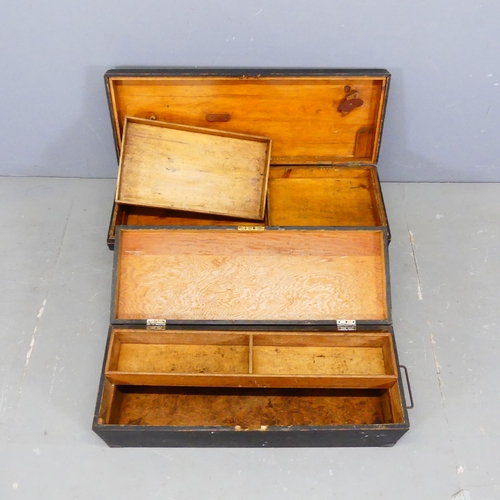 2758 - Two similar painted pine tool boxes, with tray fitted interiors. Largest W85cm, H31cm, D29cm.