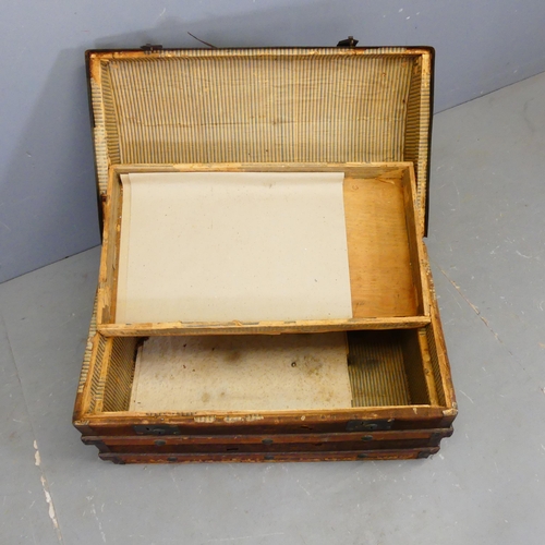 2763 - A Victorian metal bound dome-top pine trunk, with tray fitted interior. W77cm, H46cm, D45cm.