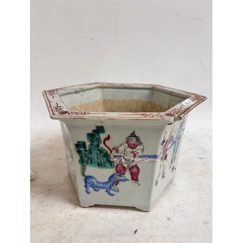 215 - A Chinese famille rose hexagonal jardiniere, with enamel figural decoration, W24cm, H16cm