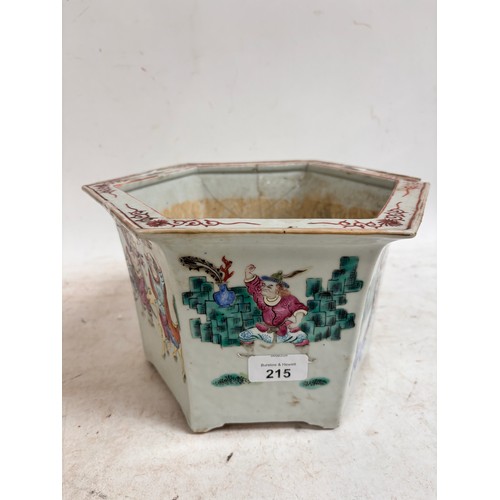 215 - A Chinese famille rose hexagonal jardiniere, with enamel figural decoration, W24cm, H16cm