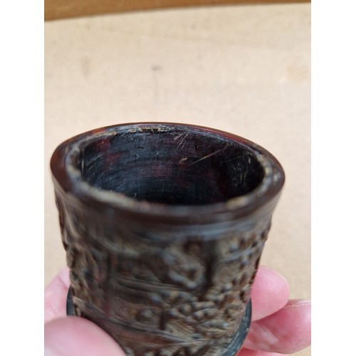 148 - 2 Chinese relief carved tortoiseshell pots, height 4cm (2)