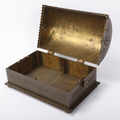 114 - Heavy gauge brass dome-top casket, probably late 19th century, with hexagonal bosses and engraved pa... 