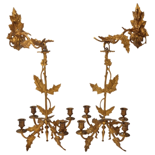 119 - A pair of gilt-bronze acanthus leaf design 4-branch hanging candle chandeliers, circa 1830 - 1850, w... 