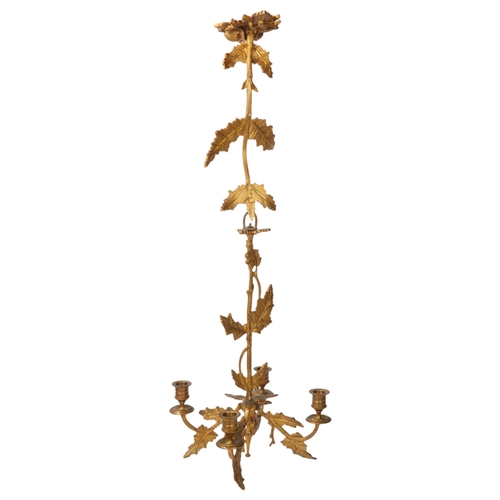 119 - A pair of gilt-bronze acanthus leaf design 4-branch hanging candle chandeliers, circa 1830 - 1850, w... 