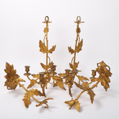 119 - A pair of gilt-bronze acanthus leaf design 4-branch hanging candle chandeliers, circa 1830 - 1850, w... 