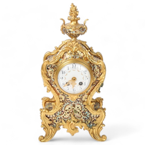 125 - A French gilt-bronze and champleve enamel Rococo style clock, painted enamel dial, 8-day movement st... 