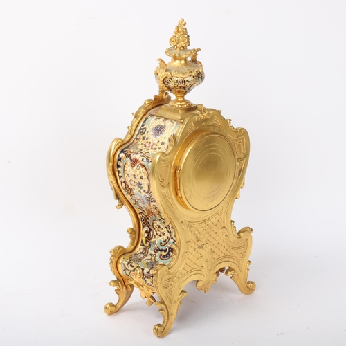 125 - A French gilt-bronze and champleve enamel Rococo style clock, painted enamel dial, 8-day movement st... 