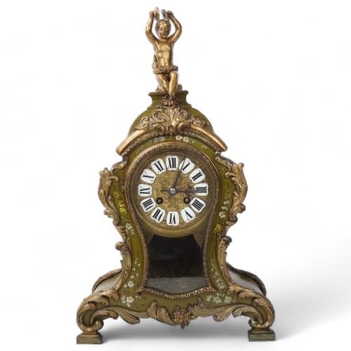 128 - Vernis Martin style gilt-bronze mounted mantel clock in floral painted wood case, late 19th century,... 