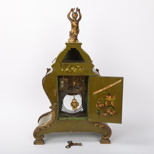 128 - Vernis Martin style gilt-bronze mounted mantel clock in floral painted wood case, late 19th century,... 