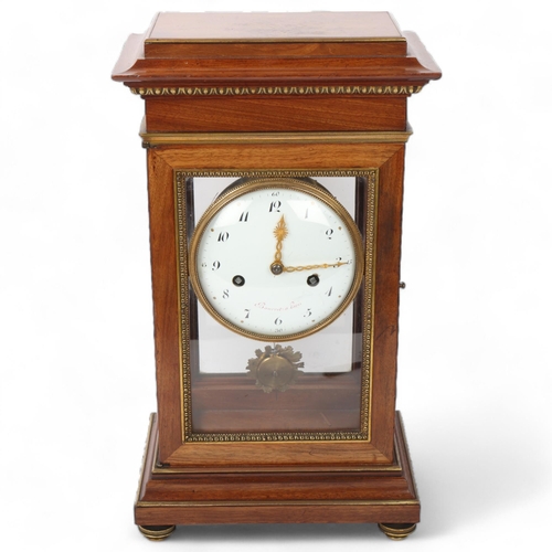 129 - French mahogany and bronze-mounted 4-glass mantel clock, Bourret Paris, 8-day movement striking on a... 