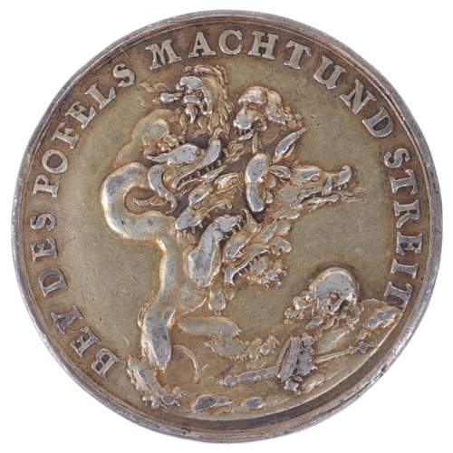 13 - Charles I, 1649 silver gilt memorial medal, depicting a seven headed monster over King's decapitated... 