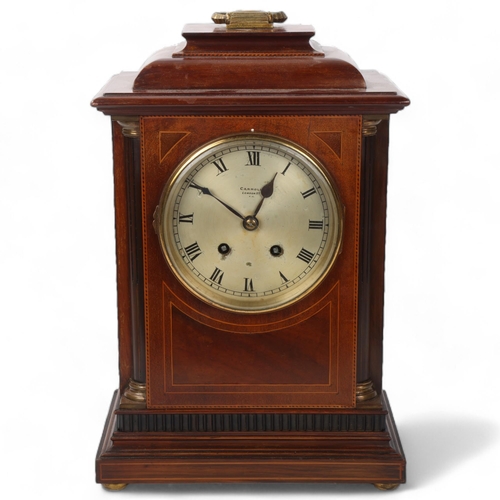 130 - Edwardian inlaid mahogany 8-day mantel clock, with brass carrying handle, Carroll of London, height ... 