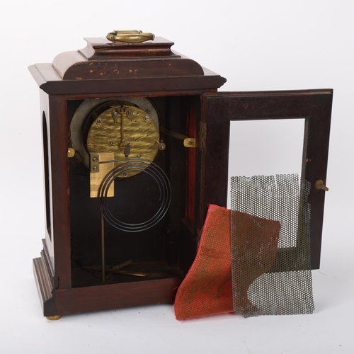 130 - Edwardian inlaid mahogany 8-day mantel clock, with brass carrying handle, Carroll of London, height ... 