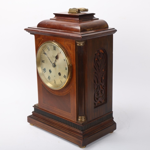 130 - Edwardian inlaid mahogany 8-day mantel clock, with brass carrying handle, Carroll of London, height ... 