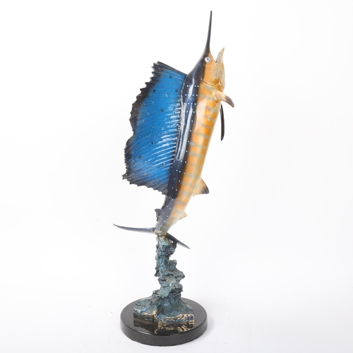 132 - Robert Wyland (born 1956), sailfish 1996, bronze signed no. 131/350, on marble base, overall height ... 