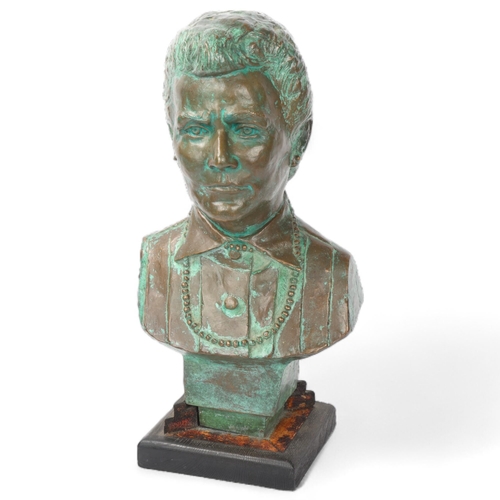 134 - Verdigris bronze bust of a woman, signed with monogram ST on wood plinth, height 39cm