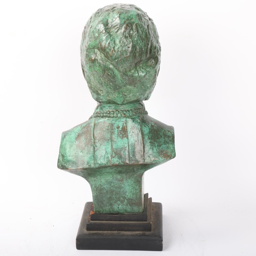 134 - Verdigris bronze bust of a woman, signed with monogram ST on wood plinth, height 39cm