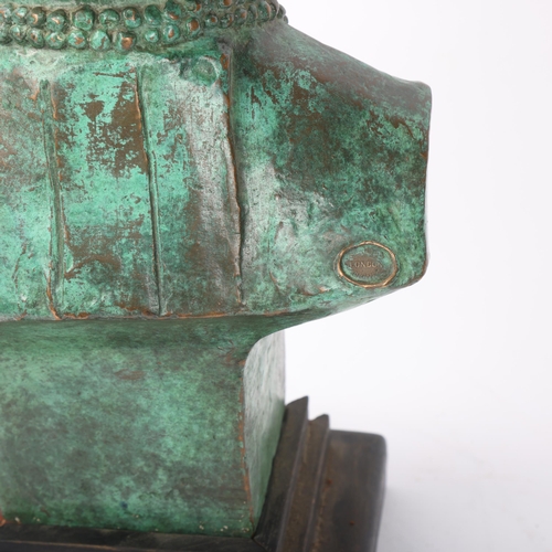 134 - Verdigris bronze bust of a woman, signed with monogram ST on wood plinth, height 39cm