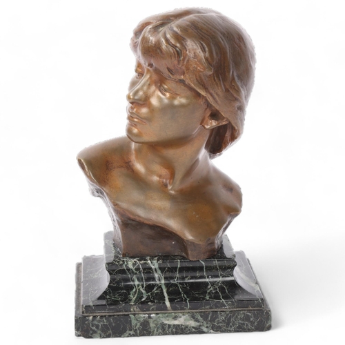 139 - Jean Antoine Injalbert (1845 - 1933), bust of a woman, patinated bronze on green marble base, signed... 