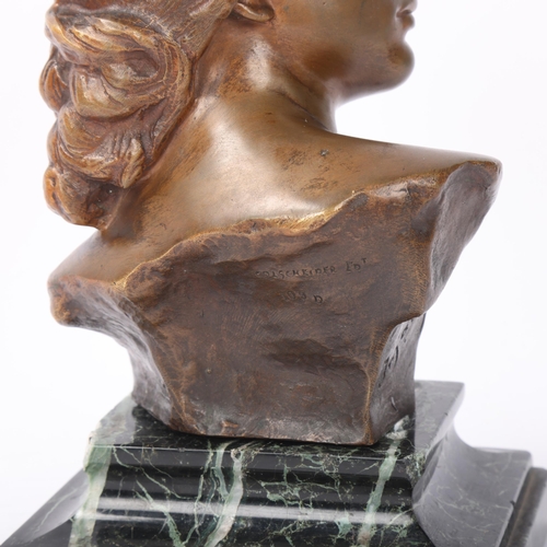 139 - Jean Antoine Injalbert (1845 - 1933), bust of a woman, patinated bronze on green marble base, signed... 