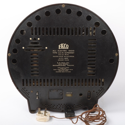 141 - An Ekco all-electric valve radio, type 'AD.76 Superhet', serial no. 28449, the black bakelite drum c... 