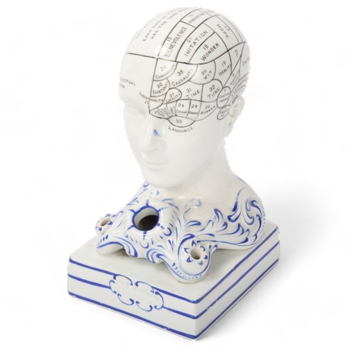 148 - A 19th century porcelain phrenology head inkwell, impressed F Bridges Phrenologist, height 14cm