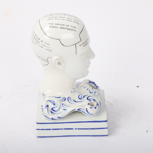 148 - A 19th century porcelain phrenology head inkwell, impressed F Bridges Phrenologist, height 14cm