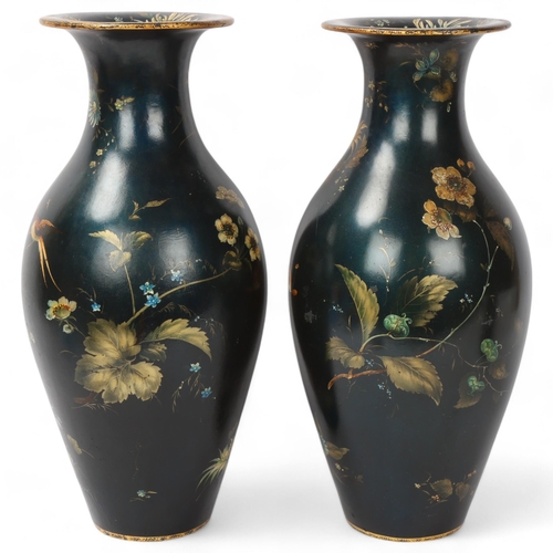 152 - Jennens & Bettridge, pair of Victorian papier-mache vases, black ground with painted botanical desig... 