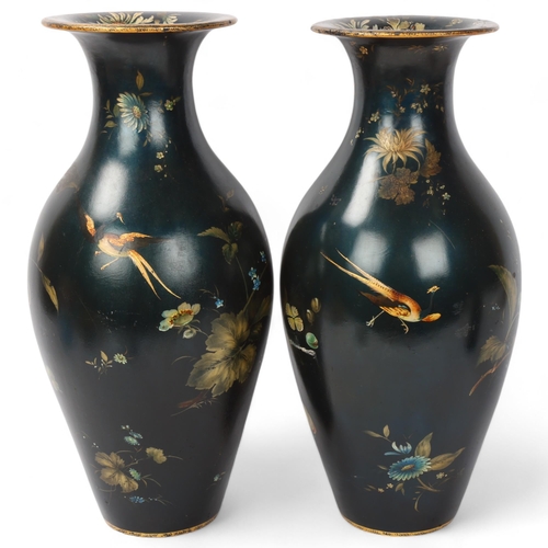 152 - Jennens & Bettridge, pair of Victorian papier-mache vases, black ground with painted botanical desig... 