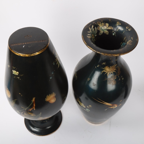 152 - Jennens & Bettridge, pair of Victorian papier-mache vases, black ground with painted botanical desig... 