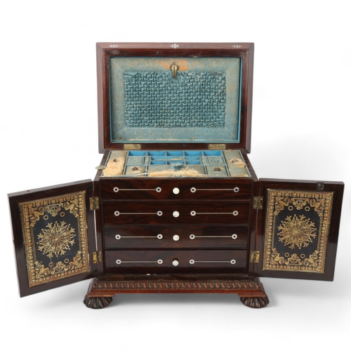 156 - A Victorian rosewood and mother-of-pearl inlaid sewing cabinet, with carved mouldings, hinged lid en... 