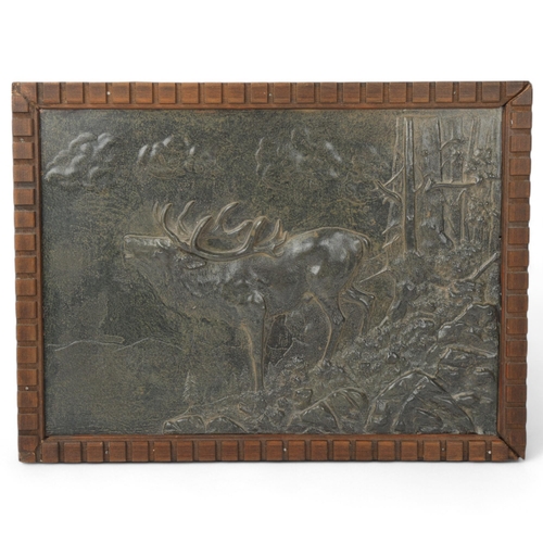 165 - 19th century patinated spelter relief plaque depicting deer in woodland, carved wood frame, overall ... 