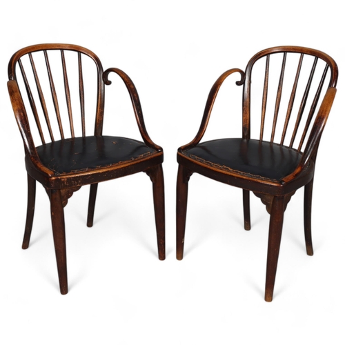 170 - Otto Prutscher for Thonet, rare pair of bentwood chairs with curled back supports and leather seats,... 