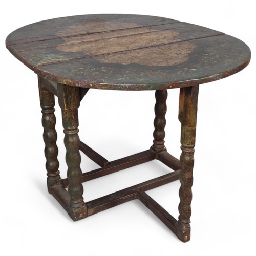 171 - A 17th century Dutch painted oak oval gateleg table, retaining original painted finish, length 94cm