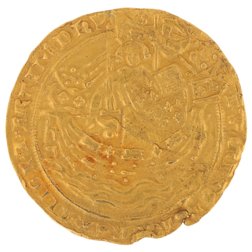 2 - Edward III (1327-77) a gold Noble coin, King standing in ship sailing right, with upright sword and ... 